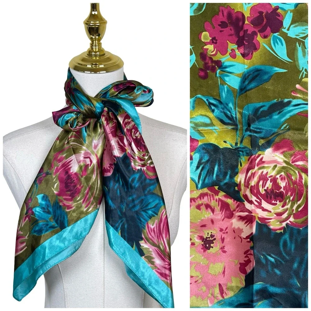 Vintage Corciova Floral Square Scarf Women Green Teal Pink Satin Wrap Retro MCM